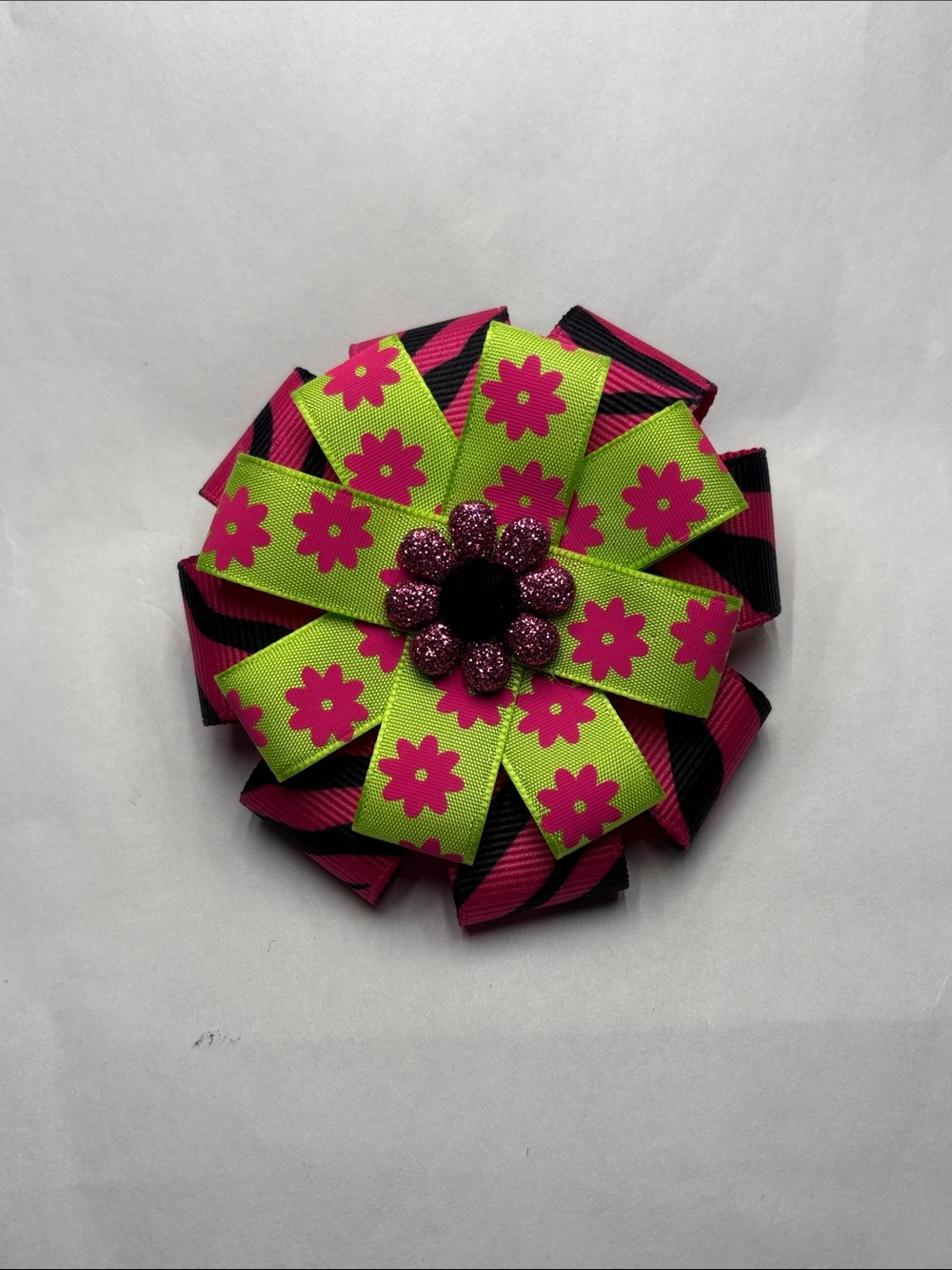 Handmade Floral Ribbon Hair Bow - Neon Green & Hot Pink